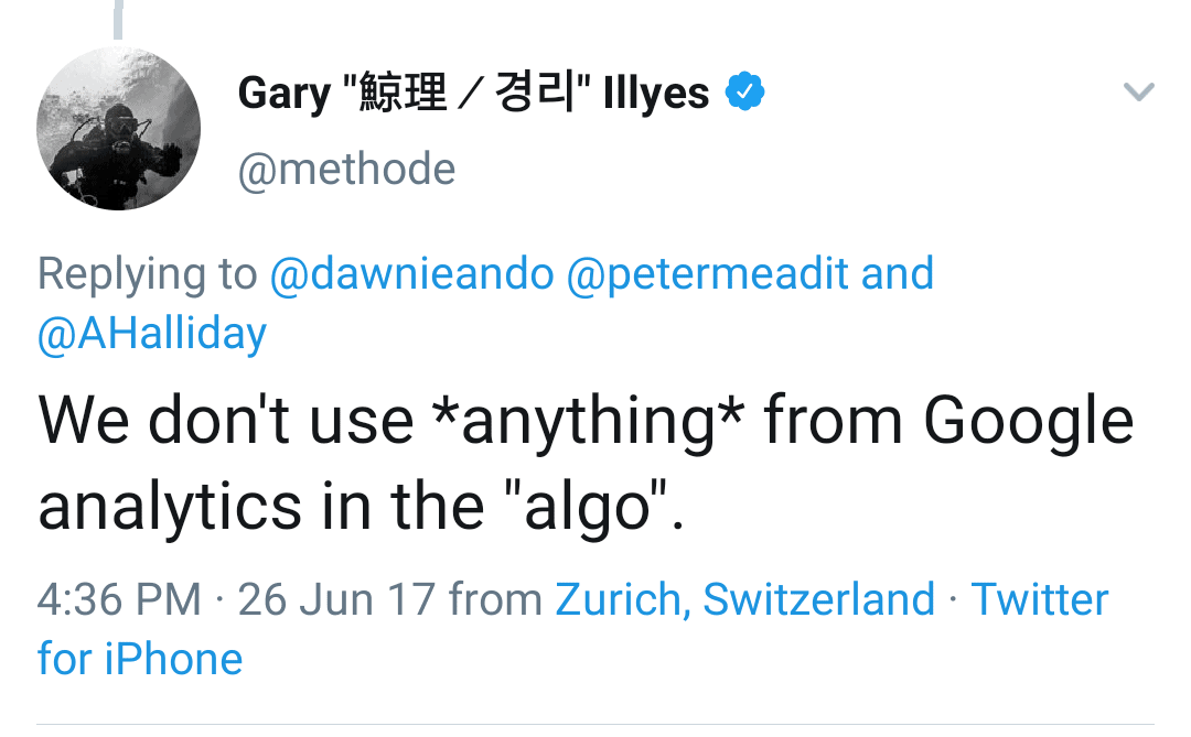 Garry tweet on Google Anlytics use in Google Ranking
