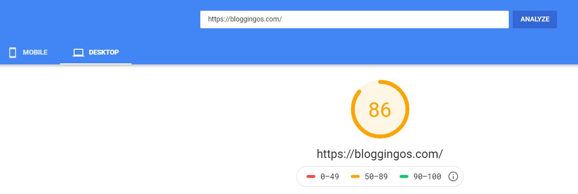 Bloggingos page load speed check in Google page speed checker