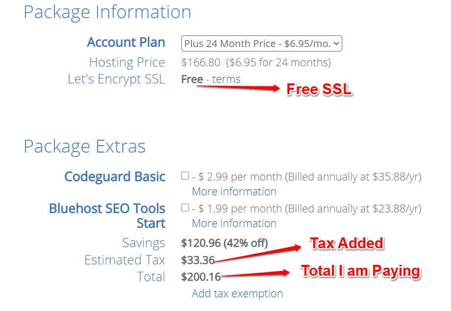 BlueHost Pricing for shared hosting plan
