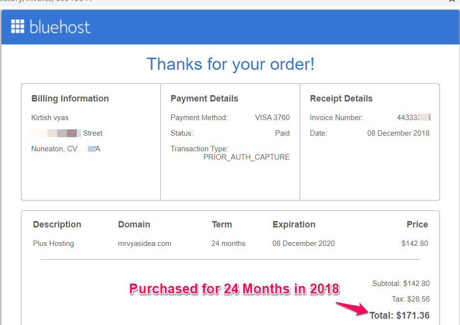 BlueHost Purchase Details
