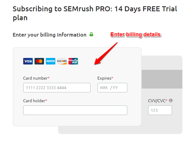 SEMRush billing details
