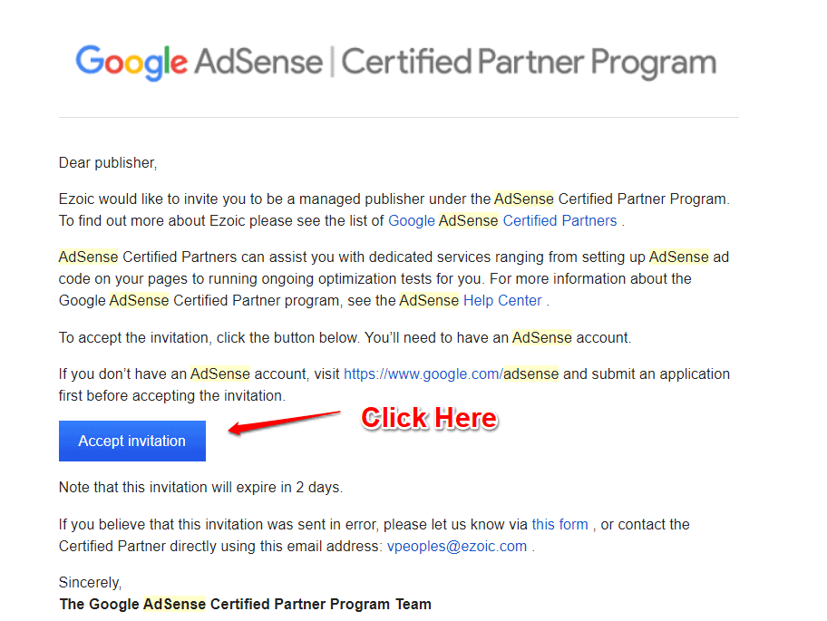 Accept the Google Adsense invitation with Ezoic