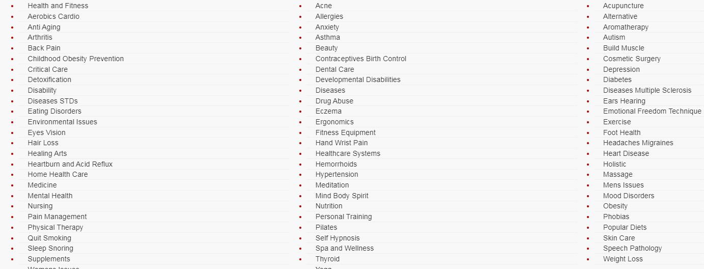 Health and fitness categories
