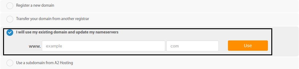 Select domain name in A2 hosting sign up