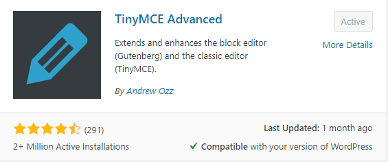 TinyMCE Advanced wordpress editor plugin