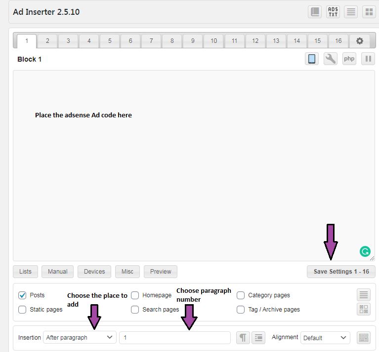 How to place adsense ads in wordpress using Ad inserter plugin