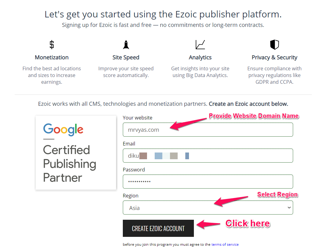 How to create an account with Ezoic