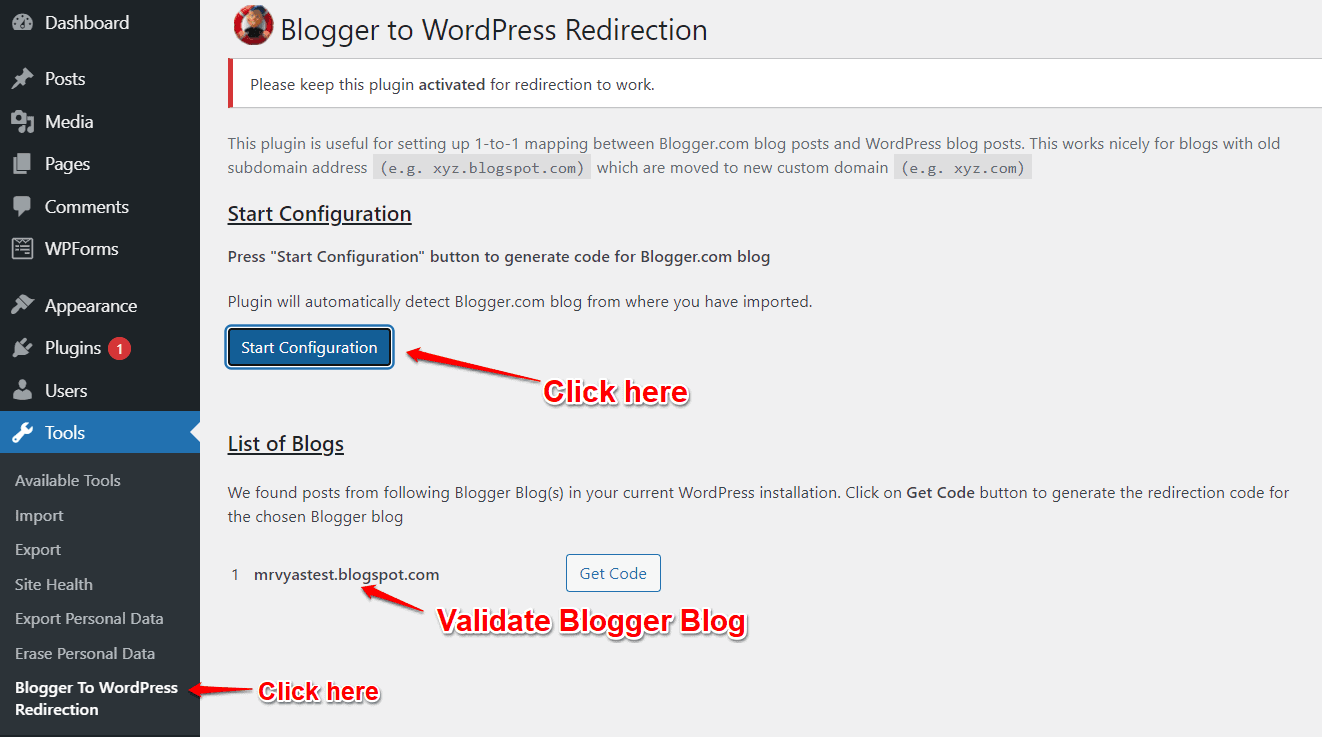 Blogger to worpdress redirection plugin